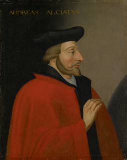 Portrait of Andrea Alciato, oil on canvas, 83.5 x 67.5 cm, unsigned., Above: ANDREAS ALCIATVS,