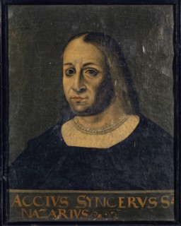 Portrait of Jacopo Sannazaro, oil on canvas, 58 x 45 cm, unmarked., Down on the parapet: ACCIVS