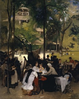 The Chinese Tower in the English Garden in Munich, around 1873, oil on canvas, 140 x 111 cm, signed