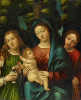 Madonna with child and the hll., Maria Magdalena and Katharina, oil on panel, 75.9 x 61.4 cm,