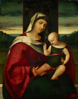 Madonna and Child, oil on chestnut wood, 62.4 x 50 cm, monogrammed top center: MPP,