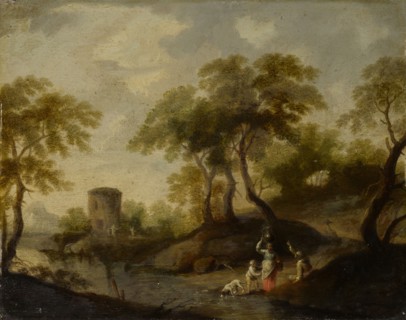 River landscape with staffage, oil on oak, 25 x 31.5 cm, not marked, Französischer Meister, 18. Jh.