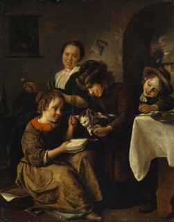 Children teach a cat to read, c. 1665-1668, oil on oak, 45 x 35.5 cm, signed lower right on the