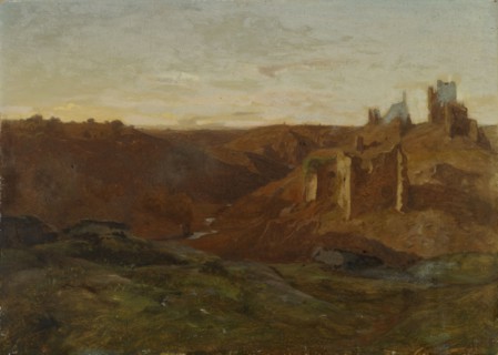 Landscape with ruins, oil on canvas on cardboard, 37.5 x 52.5 cm, monogrammed lower right: G.C.,