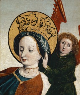 The corpse of St., Catherine is taken by angels to Mount Sinai, c. 1450, mixed media on wood, 22.5