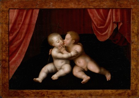 Christ and John the Baptist as Children, Hugging Each Other, 16th C., Oil on panel, 26.5 x 36.5 cm,