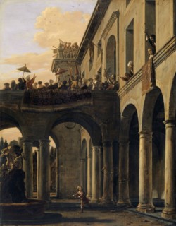 Samson tears the temple of Dagon, 1659, oil on oak wood, 65.2 x 51.1 cm, Signed and dated on the
