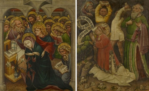 Marientod (inside), Stoning of the hl., Stephanus (outside), c. 1435/40, mixed technique on