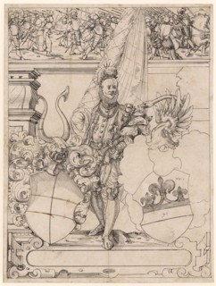 Disc tear with standard bearer as shield companion and two unidentified coats of arms, in the upper
