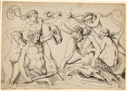 Battle of the Sea Gods, c. 1510, feather in dark brown, Leaf: 23, 22.4 x 32.2 cm, Unmarked, Urs