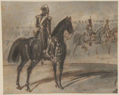 Napoleon III., during the parade of the cavalry, feather, washed, sheet: 13.6 x 16.9 cm, unsigned,