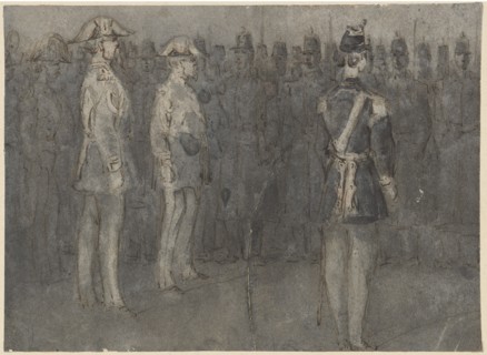 Napoleon III., at the infantry parade, feather in black, washed, sheet: 14.4 x 20 cm, unmarked,