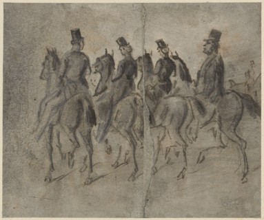 Four company on horseback, pencil, pen in black and brown, washed in gray and wiped, sheet: 13.9 x