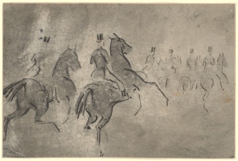 Riding group of riders, feather in black, washed in gray and wiped, sheet: 11.6 x 17.4 cm,