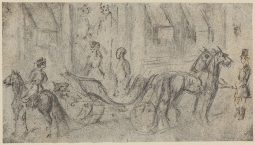 Waiting Landauer in front of an open house, pencil and pen in black, sheet: 12.2 x 22 cm, unmarked,