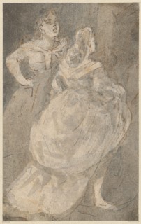 Two girls with shirred skirts, pen and ink, mounted, leaf: 13 x 8.1 cm, not marked, Constantin