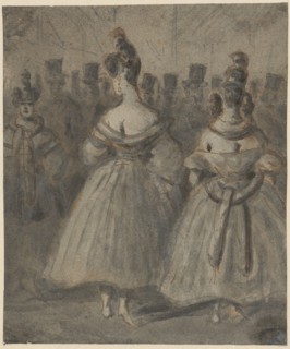 Women, against a background of gentlemen, pencil, washed, Pulled up, Leaf: 16.6 x 13.9 cm, Not