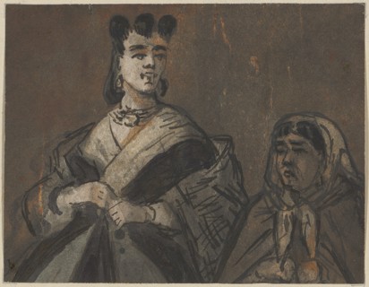 The old woman and the boy., Half-fins., Feather, washed, mounted, leaf: 9 x 11.8 cm, not marked,
