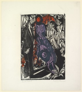 The sale of the shadow, 1915, color woodcut on blotter paper, colored print of two sticks (color