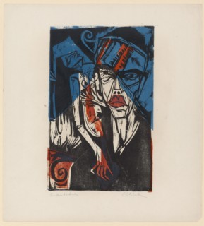 Fighting, 1915, color woodcut on blotting paper, Printing of two sticks (color plate sawn) in