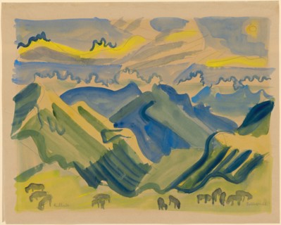 Cow herd at the Klausen, 1922, watercolor over pencil on thin brown paper, rectangle edging,