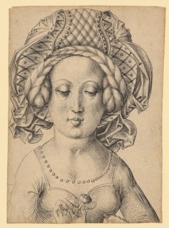 Half-length portrait of a girl with a rich headdress, c. 1470/80, pen in black, Journal: 15.7 x 11