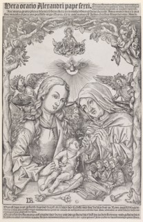 Saint Anna Selbdritt, c. 1510, woodcut on paper and typeface, sheet: ca. 45 x 29 cm |, Picture: