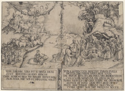 The abduction of Europe as an anticlerical satire, pen in black, l, ., gr. piece of paper