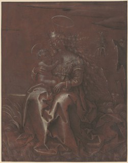Mary with the Child on a Grass Bank, c. 1510/14, feather in black, heightened with white, on dark