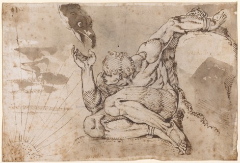 Prometheus (male act with 5 given points), 1770/71, pen in brown, partly in pencil, greyish-brown