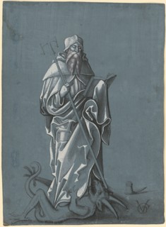 The hl., Antonius, standing on the devil, c. 1507, brush in black, gray and white, on gray-blue
