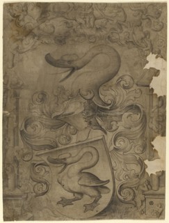 Disc tear with swan coat of arms, children playing on the side and in the upper picture, around