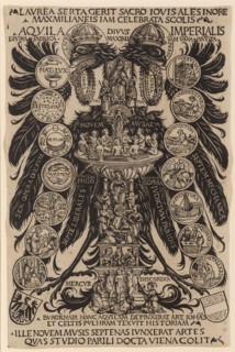 Allegorical imperial eagle of Konrad Celtis with the arts, the Musenbrunnen and the judgment of the