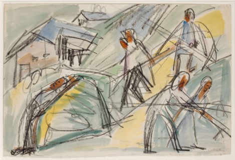 Haymaking, around 1920, chalk and watercolor over pencil, verso: pencil, leaf: 37.5 x 56 cm