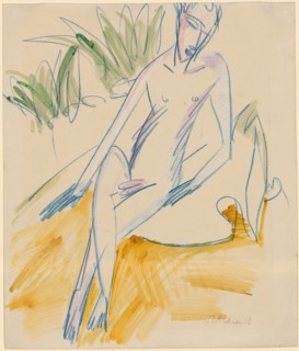 Sitting Bather, 1912, chalk in blue, watercolored, leaf: 46 x 39.1 cm (largest mass), U. r., Signed