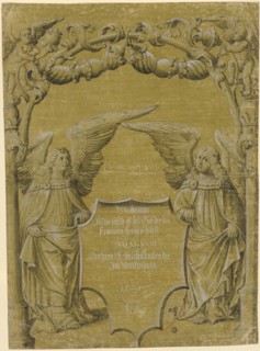 Broken glass with two shielded angels, 1529, feather in black, gray washed, heightened in white,