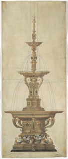 Design for a table fountain, around 1555/60, pen, watercolor and gouache on paper, pasted on