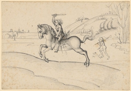 Wild man, galloping on a horse, feather in gray and black, Leaf: 10.5 x 15.3 cm, Unmarked, Ludwig