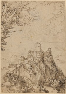 Castle Aggstein in the Wachau, 1542, feather in brown, brown washed, verso: brush in violet, leaf: