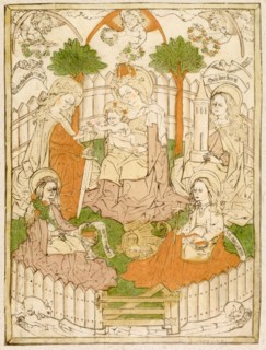 Mary in the Garden of Paradise with four female saints, c. 1460/70, woodcut (brown print), colored,