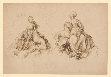 Naked Girl and Burgess Woman with Unicorns, c. 1490, Feather in Brown, Journal: 19.7 x 28.8 cm,
