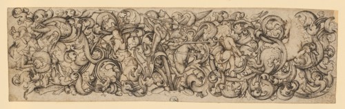 Ornament with leaf tendrils, in it birds as well as hunting and fight scenes, around 1460/70,