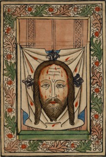 Sudarium (Veronica's Wissing Cloth), c. 1440, woodcut of two sticks, colored (unique), unique,