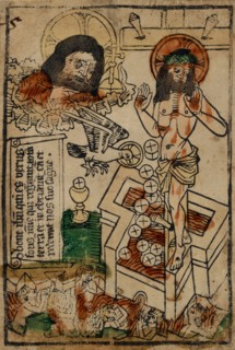 Fons pietatis (Allegory of the Blood of Christ), c. 1470, woodcut (gray-black print), colored,