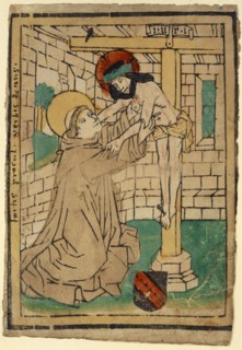 Saint Bernard of Clairvaux is hugged by the Crucified, c. 1470, woodcut, colored Uniques, unique,