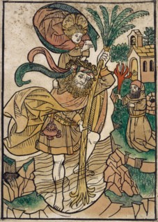 St. Christopher, c. 1480, woodcut, colored (unique), unique, folia: 19 x 13.6 cm, Anonym,