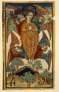 The Rapture of St. Maria Ägyptiaca, c. 1460/70, woodcut, colored (unique), unique, leaf: 14 x 8.2