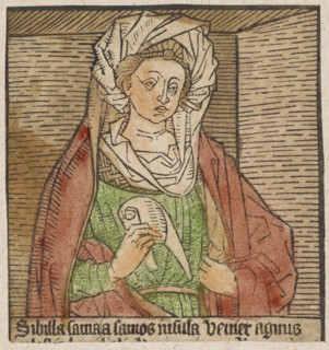 The Sibyl of Samos, around 1460/70, woodcut, colored (unique), unique, leaf: 9.5 x 9 cm, inscribed