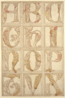 The figurative alphabet of 1464: The letters ABC, GHI, NOP, TUX, c. 1464, woodcut (brown-gray