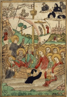 The Ship of St. Ursula, c. 1480, woodcut, colored (unique), unique, leaf: 27.3 x 19 cm, Anonym,